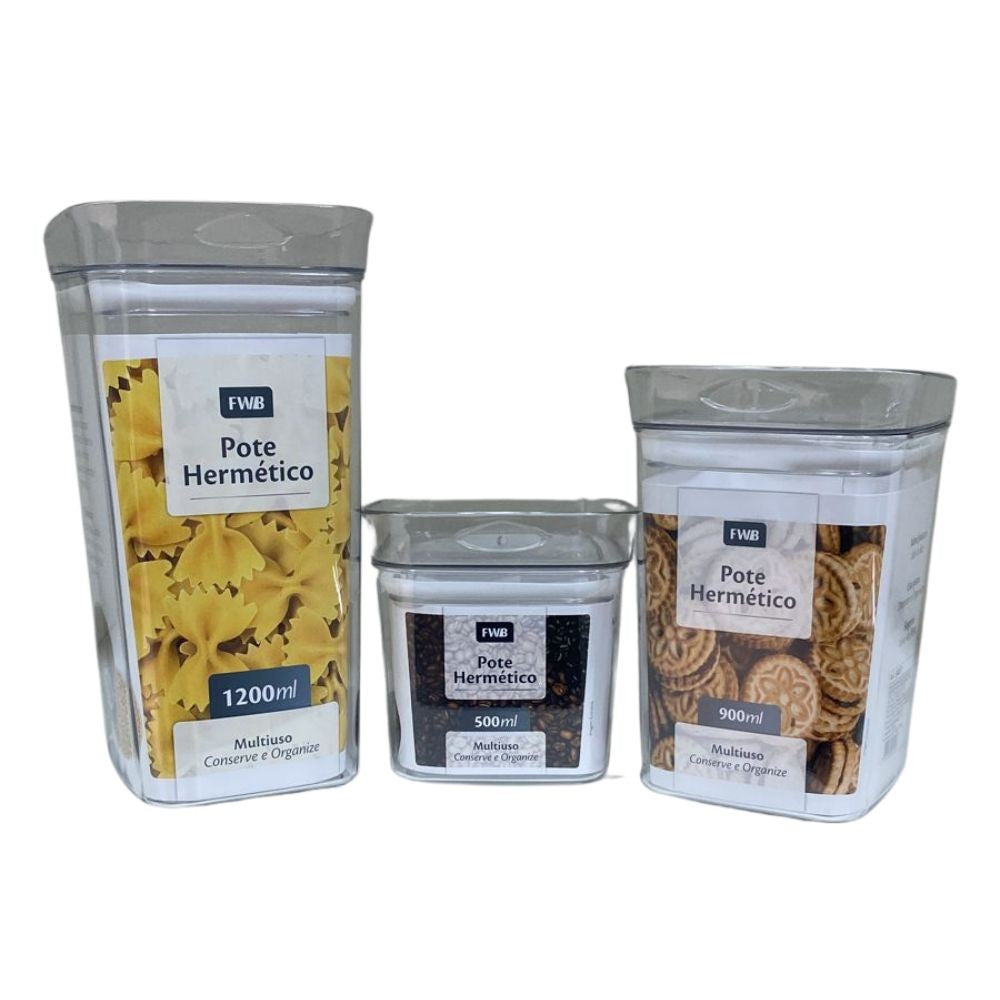 Kit com 3 Potes Herméticos Empilháveis — 500 ml, 900 ml e 1,2 L